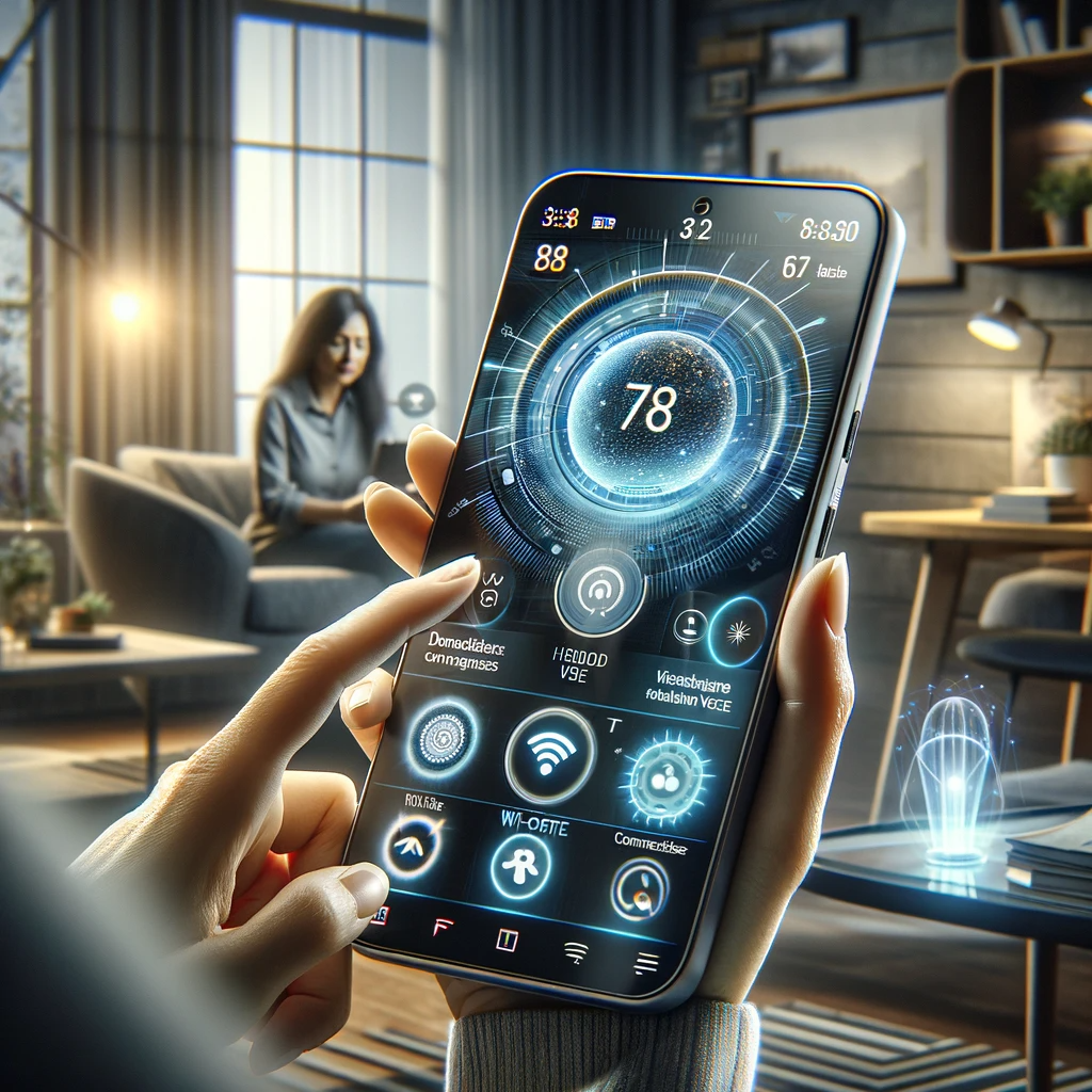  A middle-aged South Asian woman in casual attire using a futuristic digital home phone with a touchscreen interface and BT Broadband Voice branding in a modern living room.
