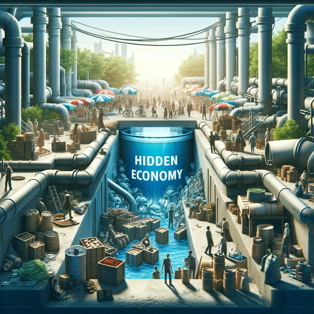 A bustling underground market with people trading water-related resources, set against a backdrop of pipes and water treatment facilities.
