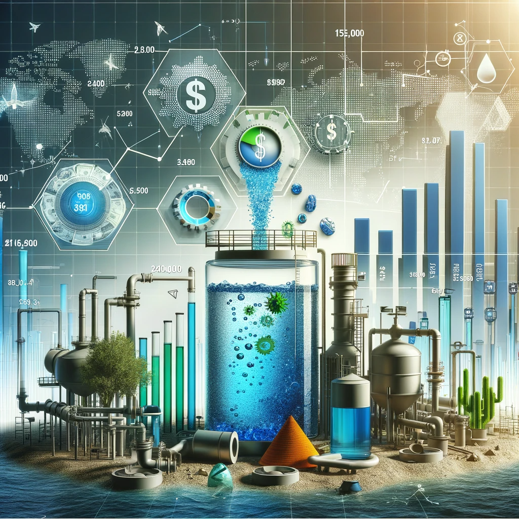 An infographic displaying graphs, charts, and monetary symbols, integrated with imagery of water treatment systems.