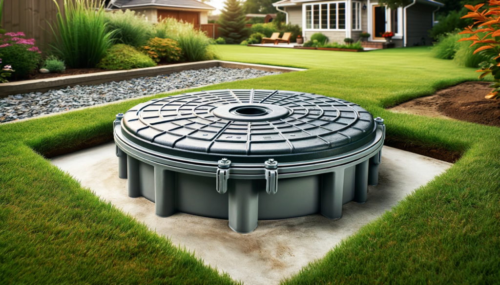 image depicting a septic tank lid in a residential setting is now available. 