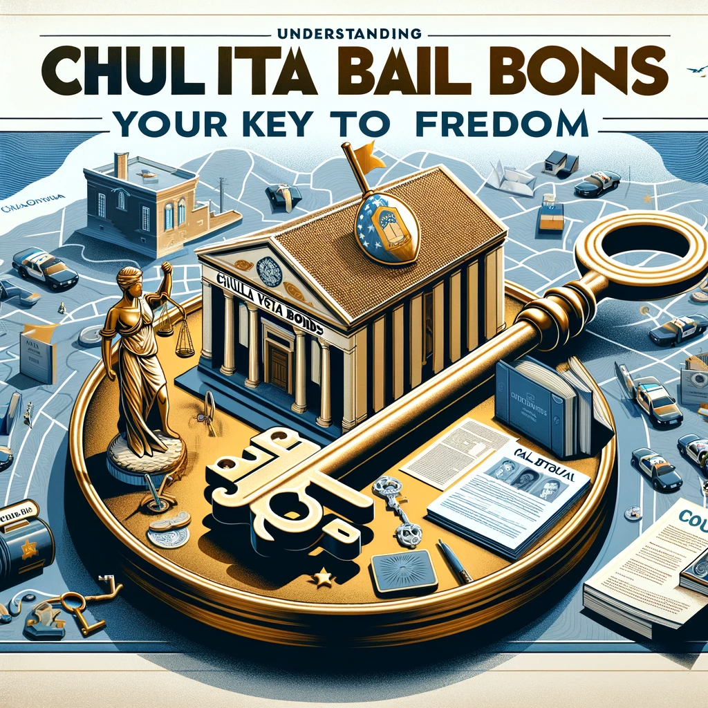 An artistic representation of the bail bond process in Chula Vista, featuring a courthouse, legal documents, a key symbolizing freedom, and a map of Chula Vista in the background.