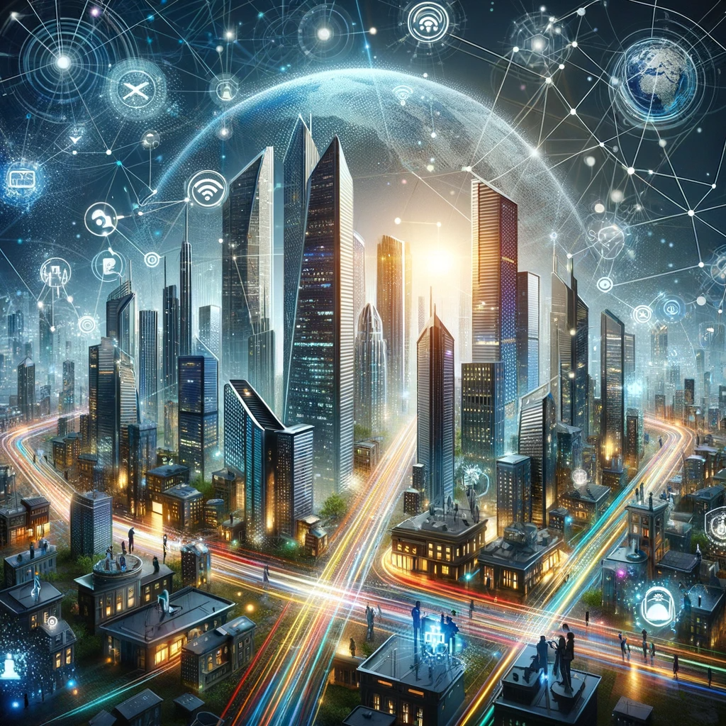 A futuristic cityscape illustrating the revolution of broadband technology, with interconnected skyscrapers and people using various digital devices.
