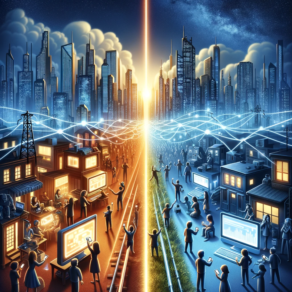An image depicting a modern cityscape and a rural area connected by a glowing bridge of broadband cables, symbolizing the bridging of the digital divide.