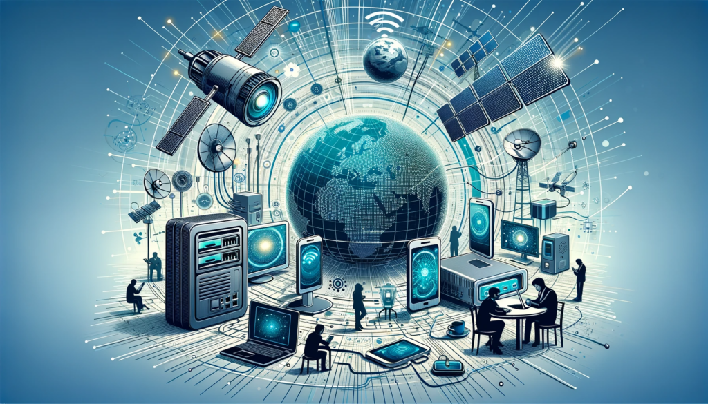 An illustration depicting various aspects of broadband technology, including fiber optic cables, wireless routers, satellites, and people using devices like smartphones and laptops, symbolizing global internet connectivity.