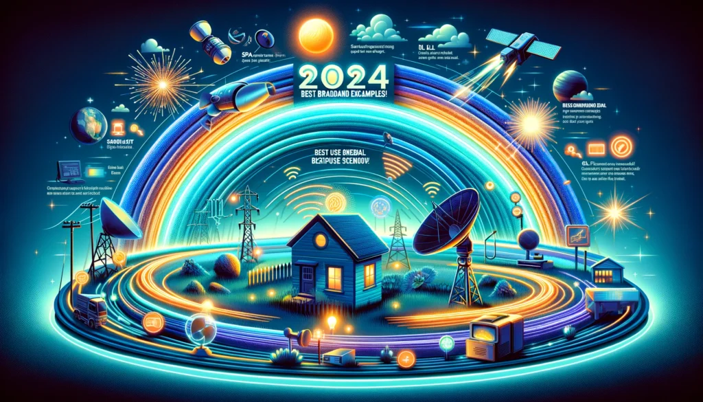 Infographic of broadband technologies in 2024, showing fiber-optic, satellite, DSL, and cable.