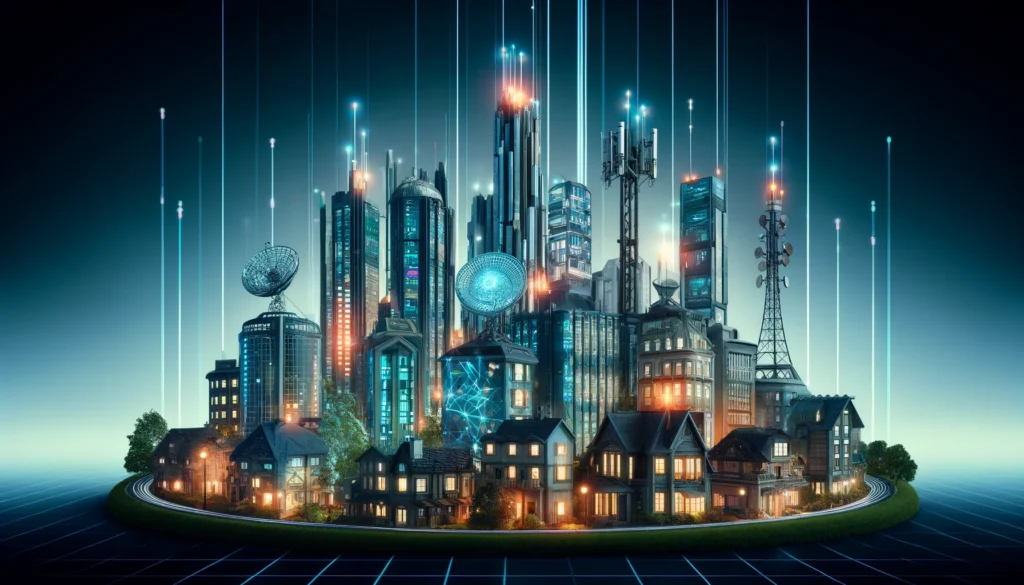 A futuristic cityscape illustrating different broadband technologies as unique buildings.