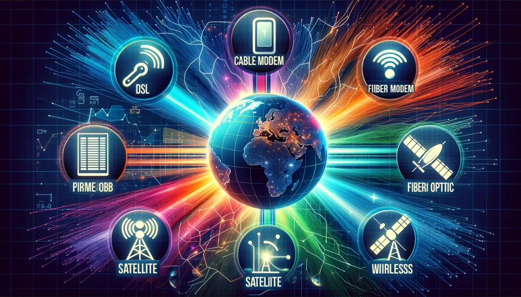 Diagram showing five broadband technologies: DSL, Cable Modem, Fiber Optic, Satellite, Fixed Wireless.