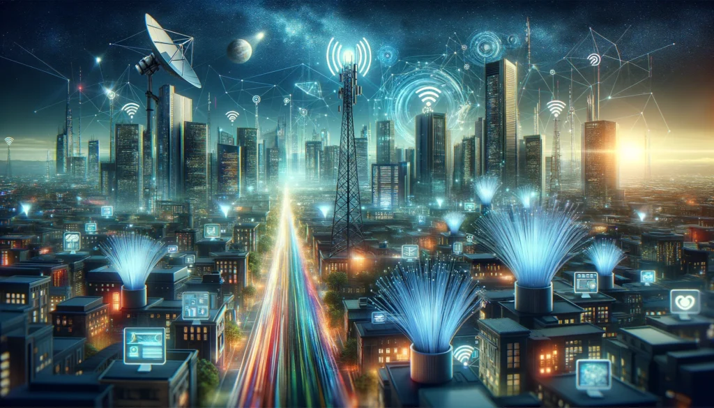 A futuristic cityscape illustrates key broadband technologies, including fiber optics, a 5G tower, and orbiting satellites.