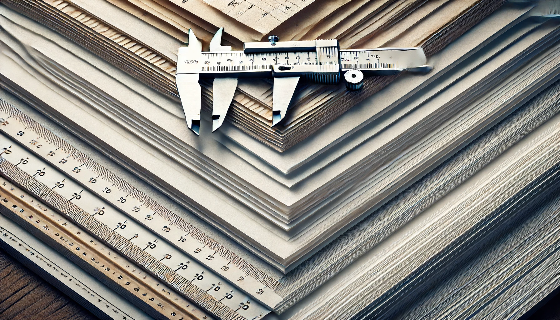 Close-up of different paper types, from thin newsprint to thick cardstock, with a ruler showing thickness variations.